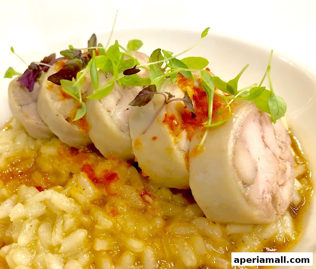 A close-up of a gourmet dish featuring sliced roulade served over creamy risotto, garnished with microgreens.