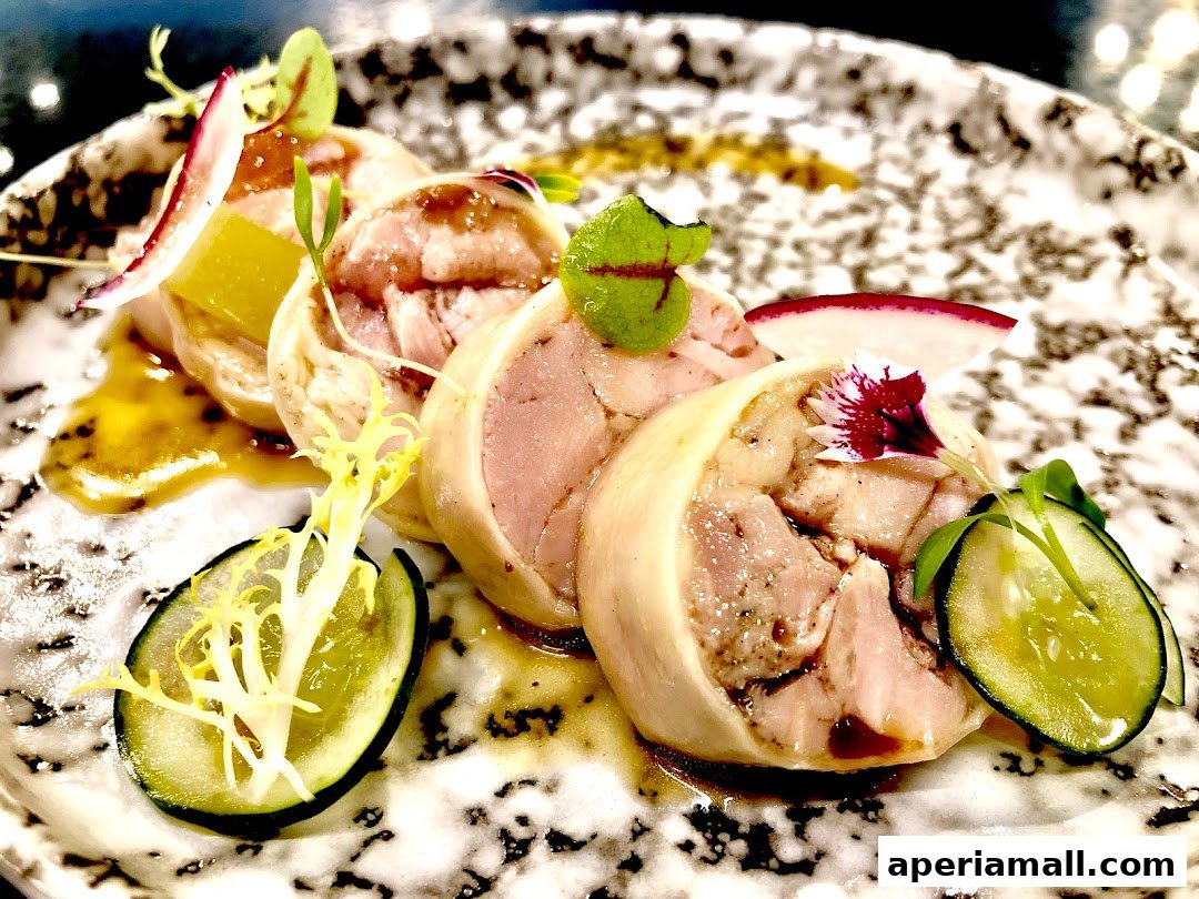 A close-up of a gourmet dish featuring rolled chicken with garnishes of radish, cucumber, and microgreens.