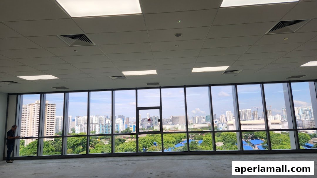Interior view of an empty office space with large windows overlooking a city skyline.