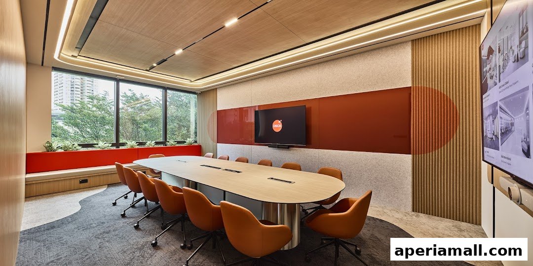A modern conference room with a large oval table, orange chairs, and a screen displaying the OSCA logo.
