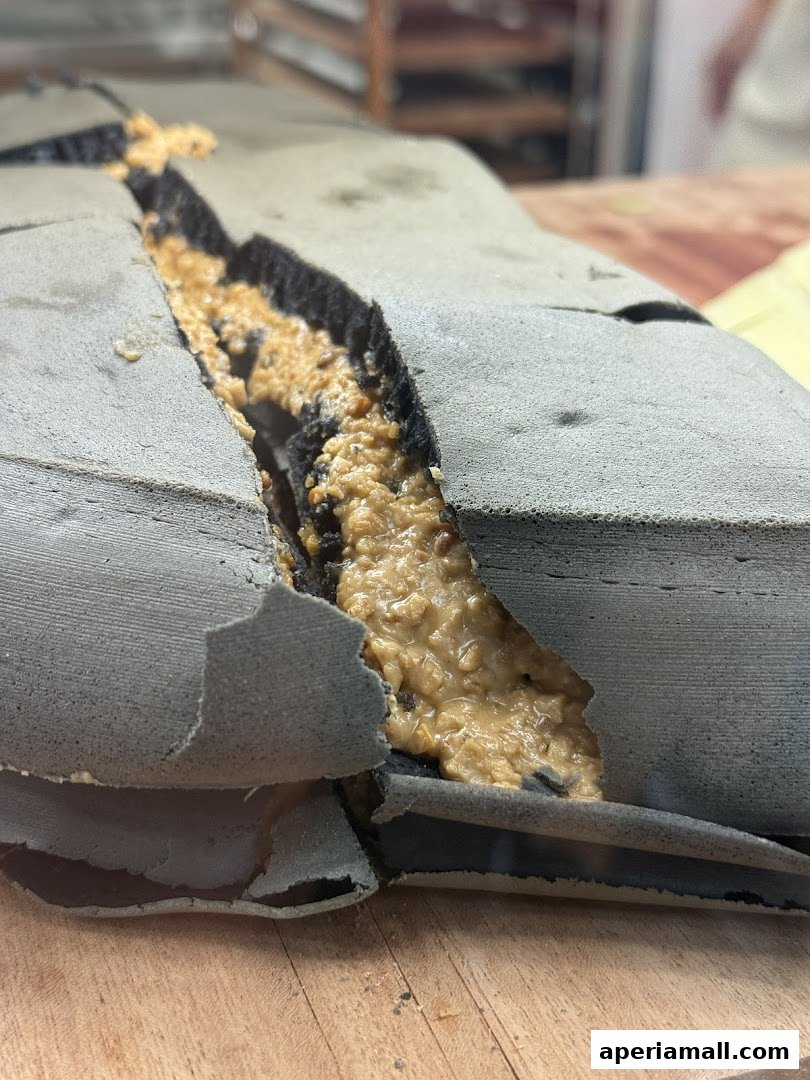 A close-up of a cracked pancake with a peanut filling.