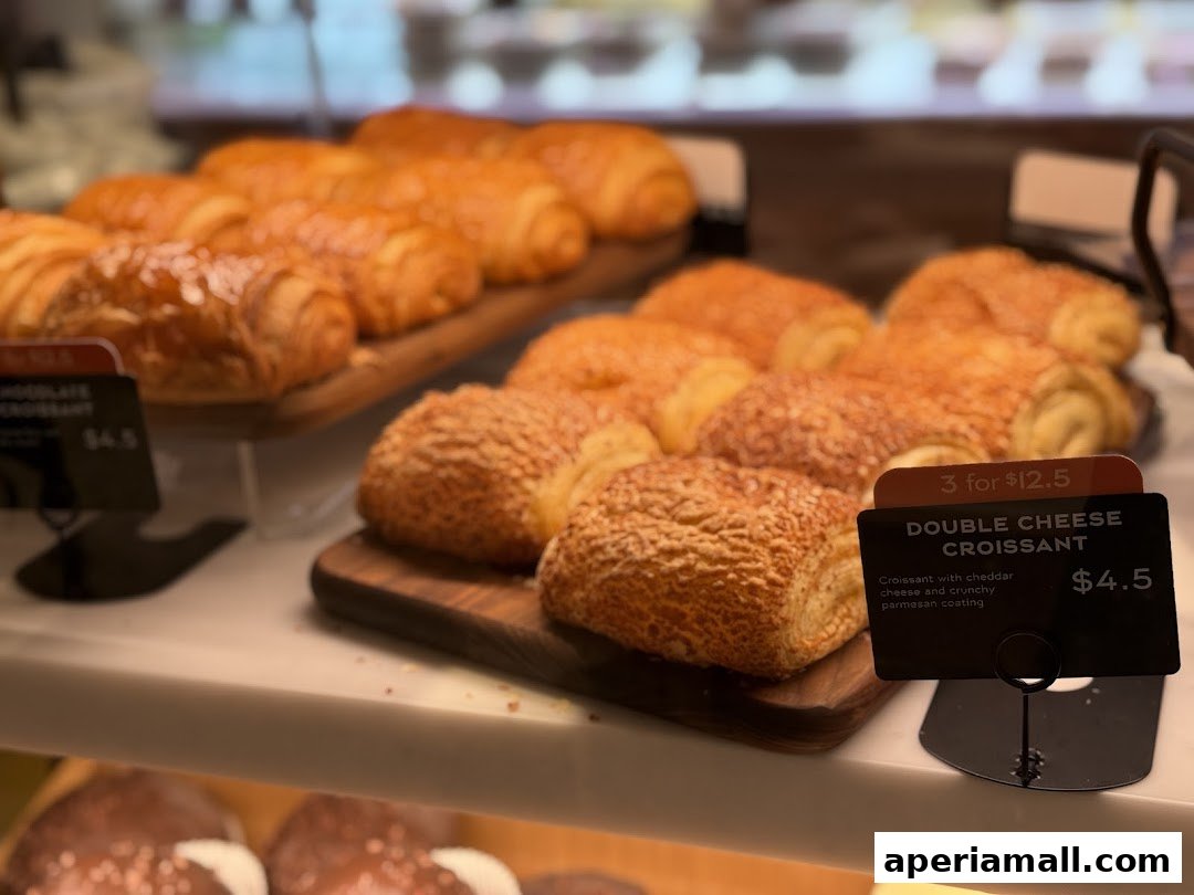 A display of freshly baked croissants and pastries at Paris Baguette.