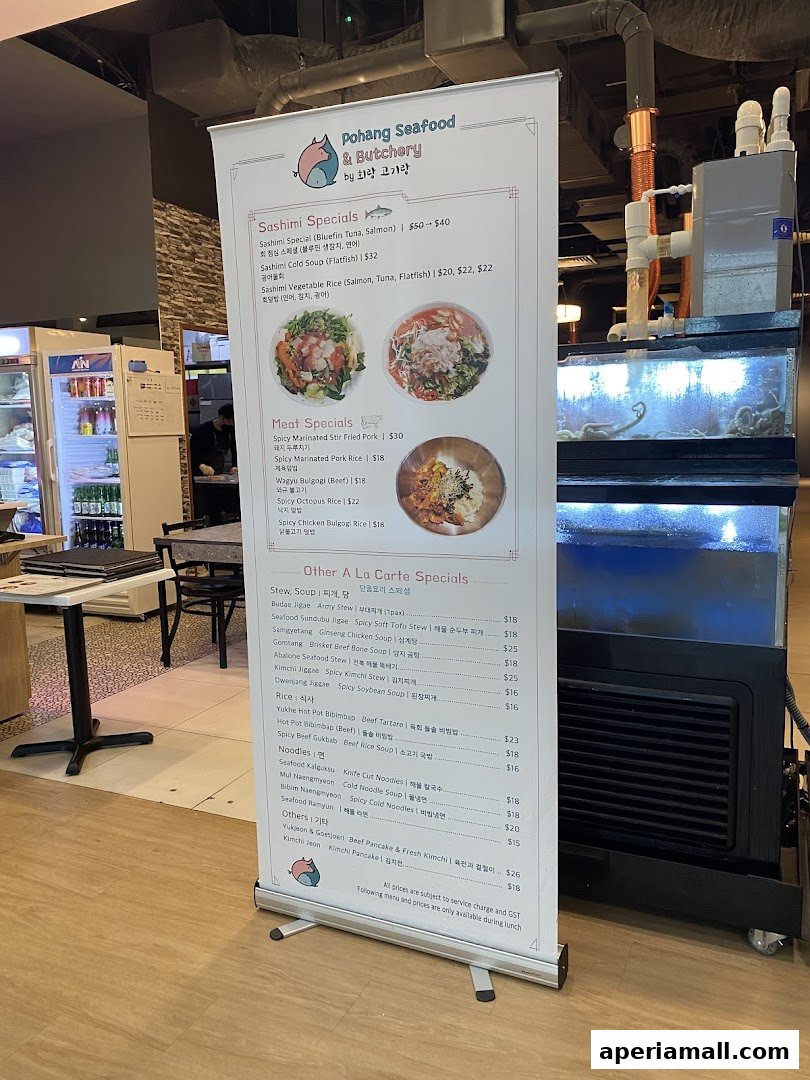 A pull-up banner displays the menu for Pohang Seafood & Butchery, featuring sashimi, meat, and other a la carte specials.