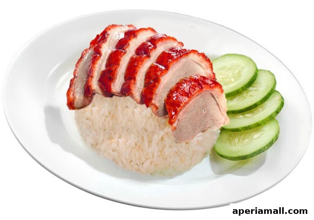A plate of roasted duck rice with sliced cucumbers.
