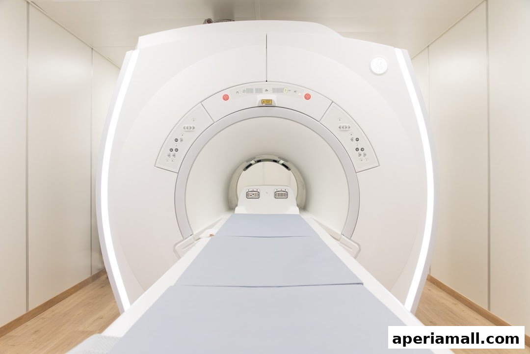 A modern, white MRI machine with a patient bed and control panel.