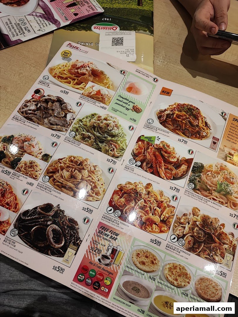 A menu from Saizeriya featuring various pasta dishes, focaccia, soups, and a drink bar.