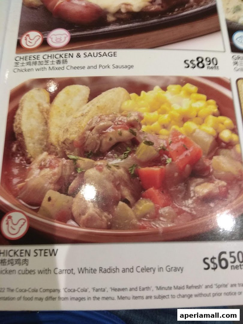 A close-up of two dishes from a Saizeriya menu, featuring chicken and sausage, and chicken stew.