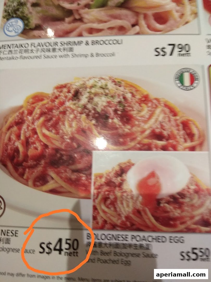 A close-up of a menu featuring pasta dishes with prices and descriptions.
