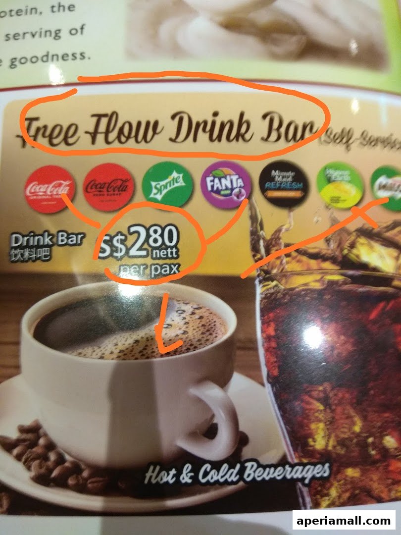 A menu offering a free-flow drink bar with various beverage brands and hot & cold options.