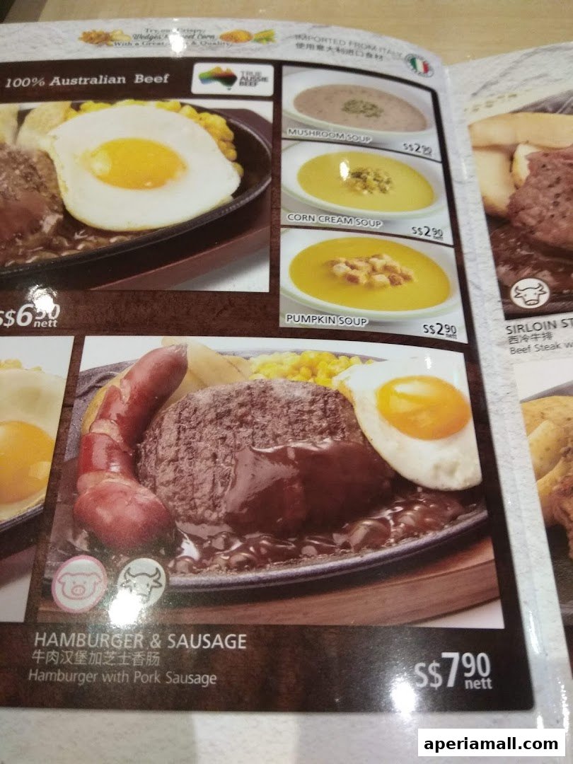 A menu page from Saizeriya featuring Australian beef dishes and soups.