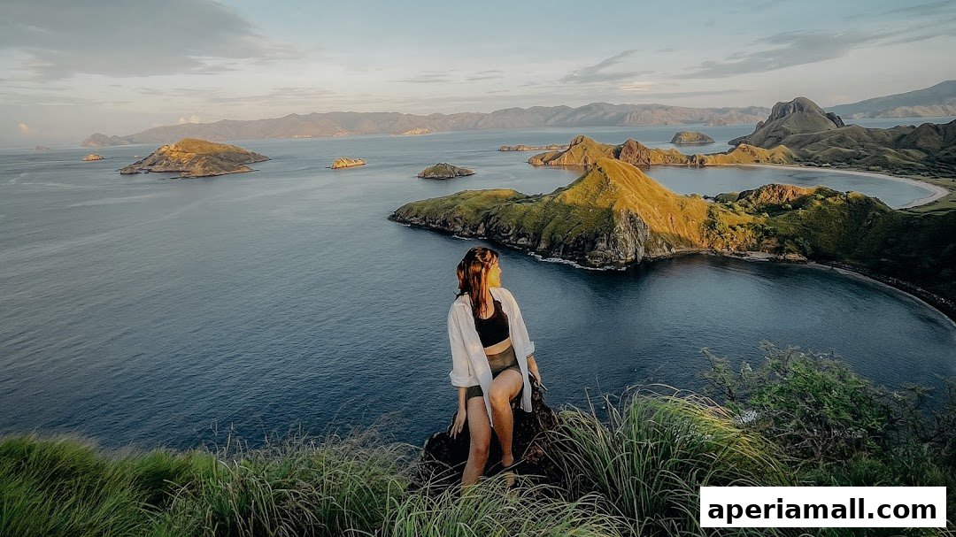 A woman stands on a grassy hill overlooking a bay with several islands at sunset.