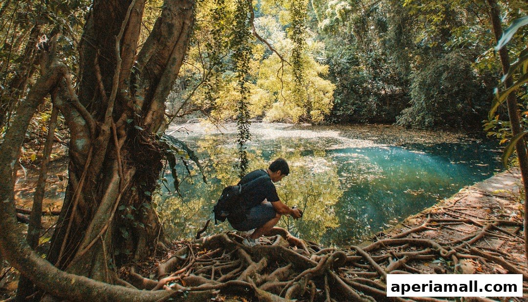 A person crouches by a tranquil forest pool, surrounded by lush greenery and exposed tree roots.