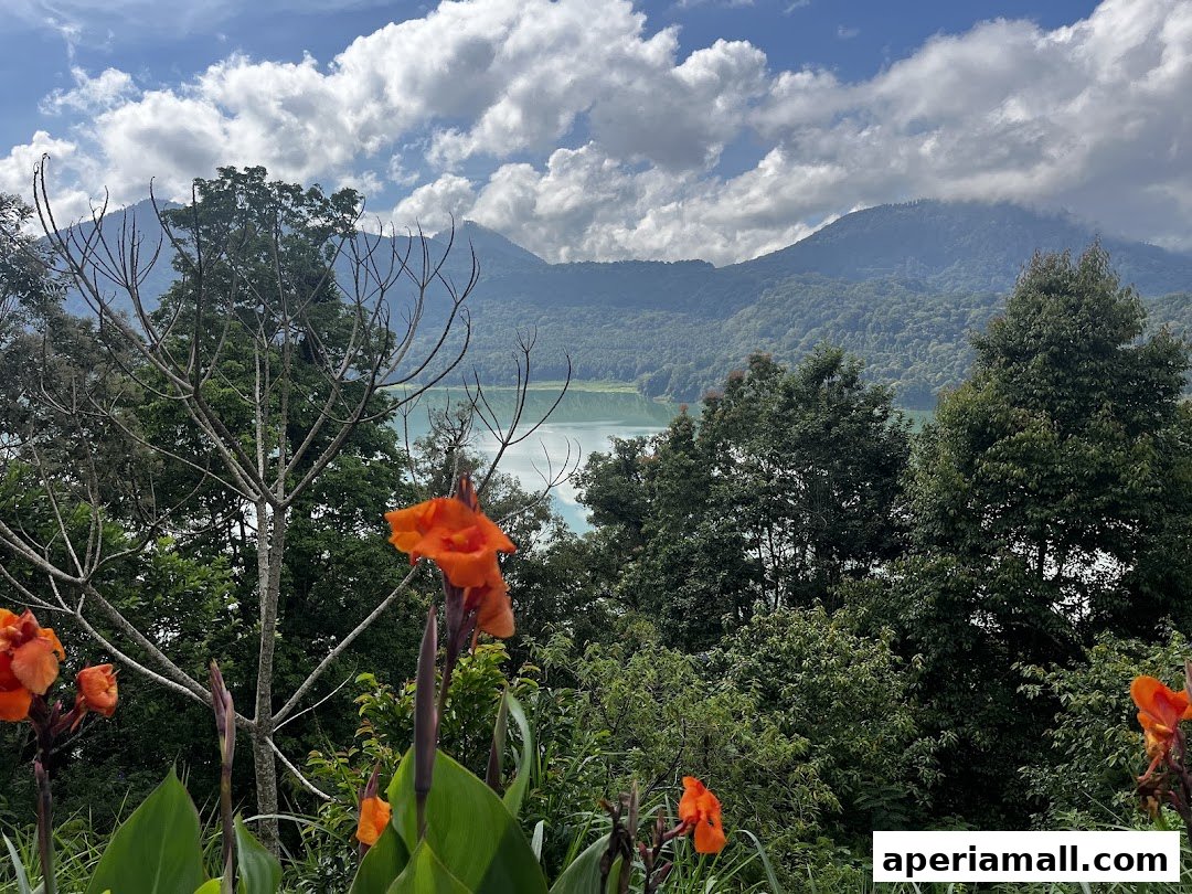 A scenic view of a lake surrounded by lush green trees and mountains under a cloudy sky.