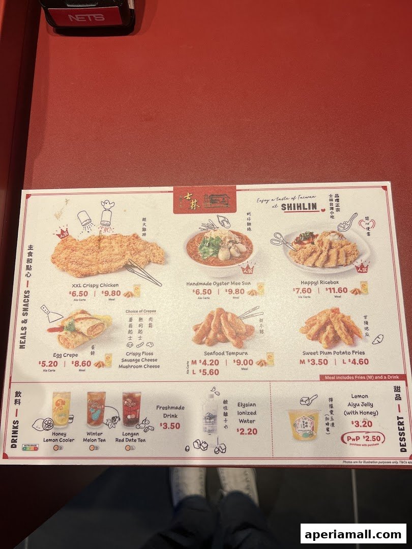 A menu from Shihlin Taiwan Street Snacks featuring crispy chicken, mee sua, ricebox, tempura, and drinks.