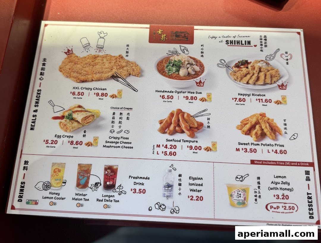 A menu from Shihlin Taiwan Street Snacks featuring various Taiwanese street food and drinks.