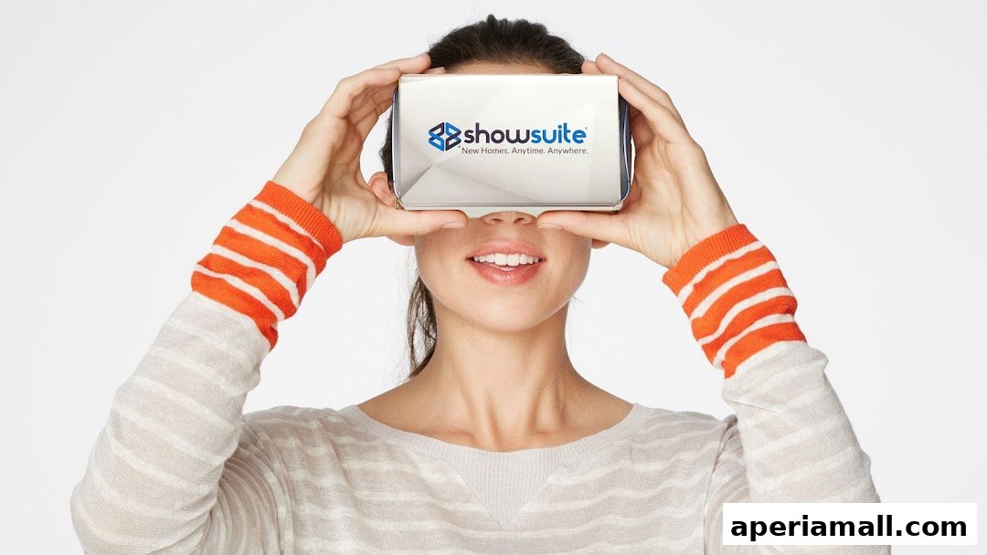 A woman wearing a striped sweater and arm warmers holds a VR headset with the Showsuite logo.