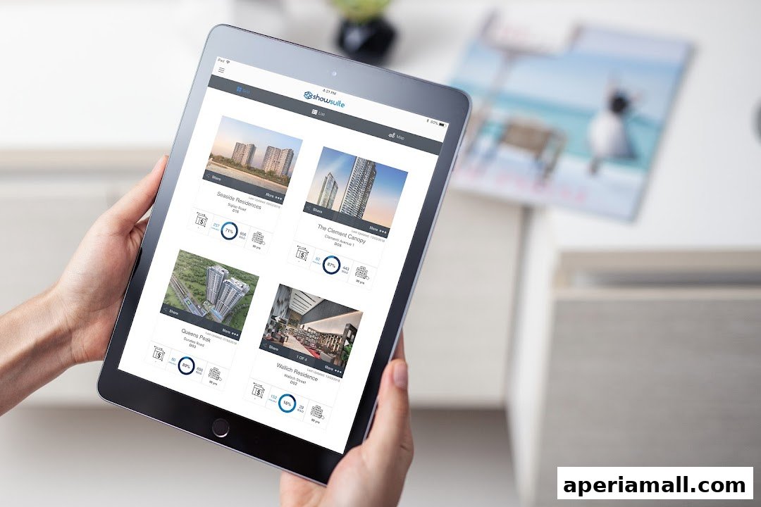 Hands holding a tablet displaying real estate listings with property images and details.