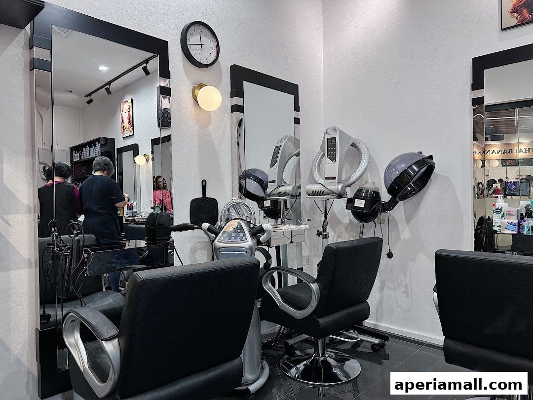 Interior of a hair salon with styling chairs, mirrors, and hair dryers.
