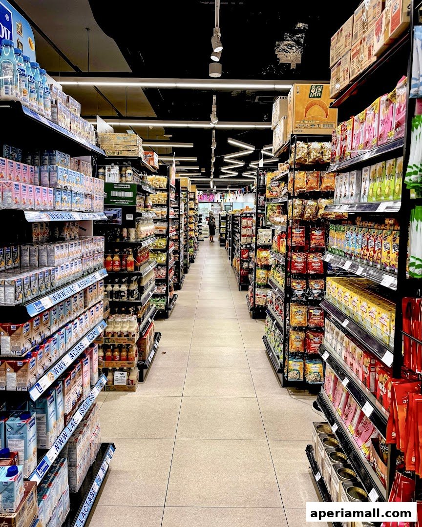 Aisle view of a supermarket with shelves stocked with various food products and beverages.