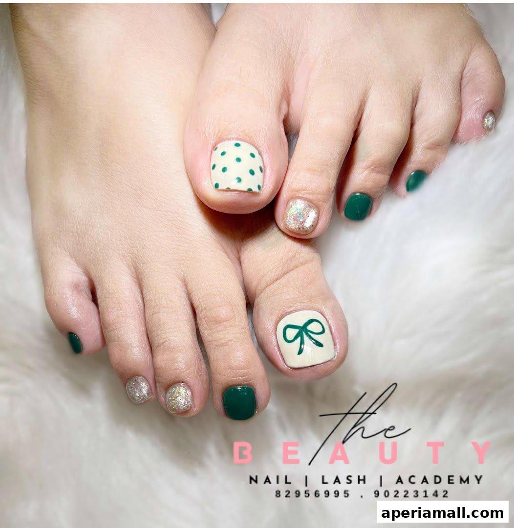Close-up of feet with festive green and white polka dot and bow nail art.