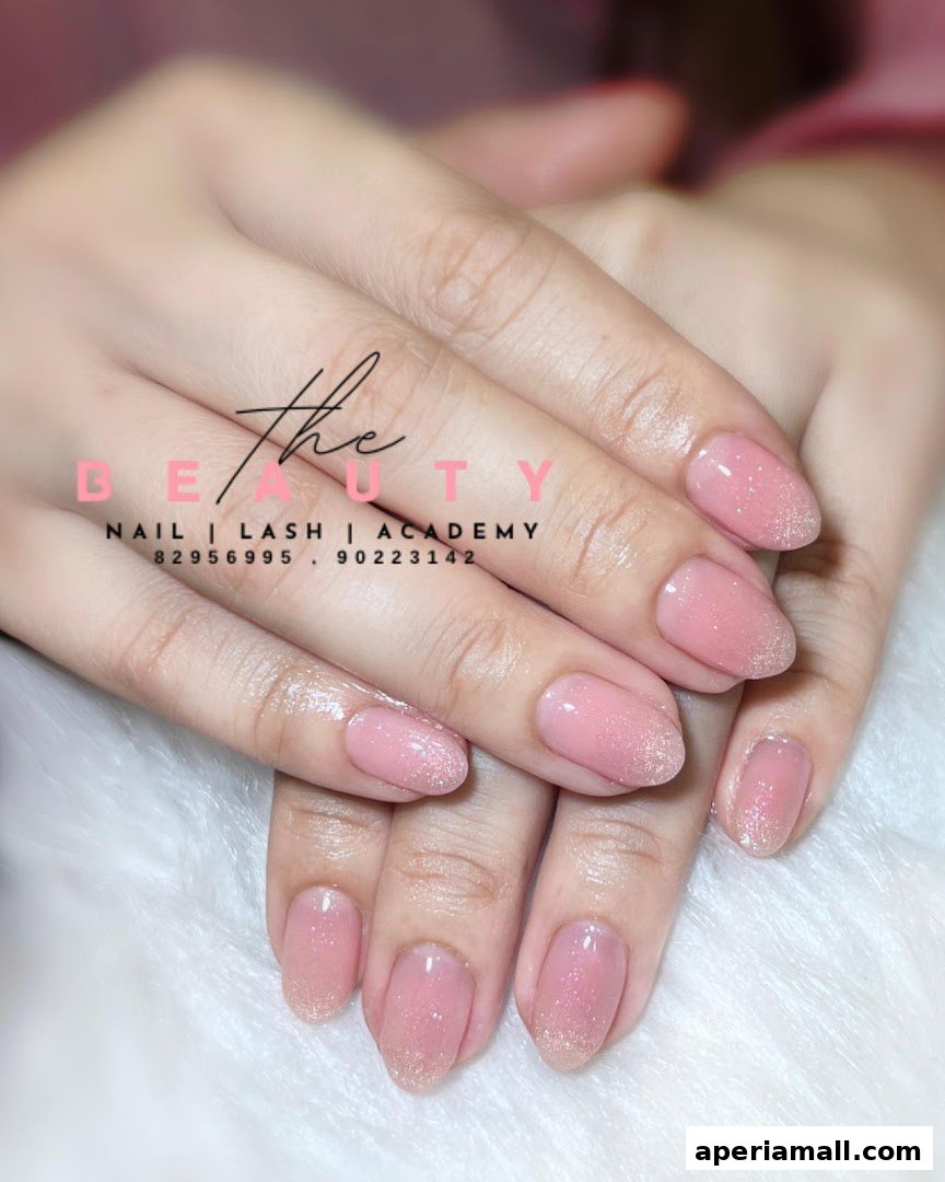 Close-up of a person's hands with perfectly manicured pink nails with glitter accents.
