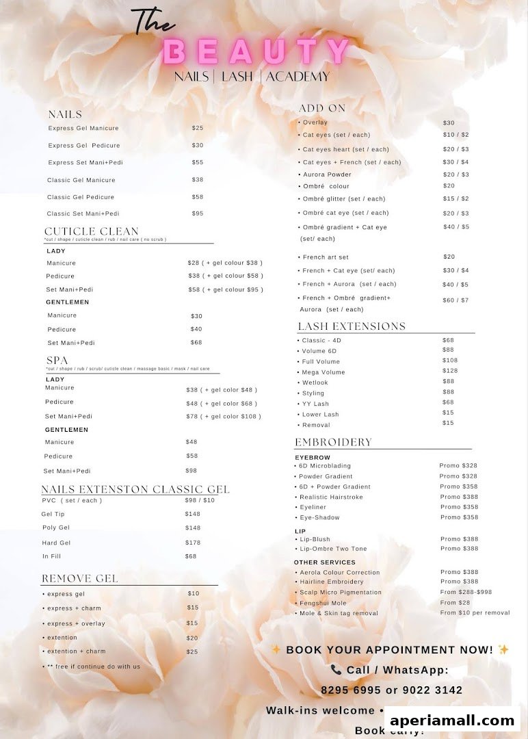 A menu for The Beauty, offering nail, lash, and embroidery services with prices.