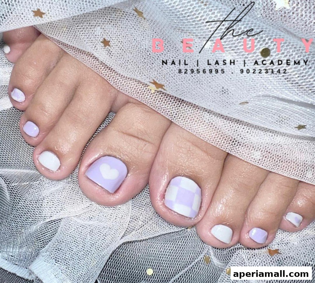 Close-up of feet with beautifully manicured toenails featuring pastel colors and cute designs.