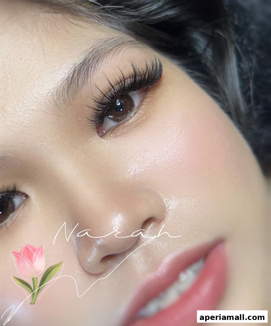 Close-up of a woman's eye with dramatic false eyelashes and a hint of her nose and lips.