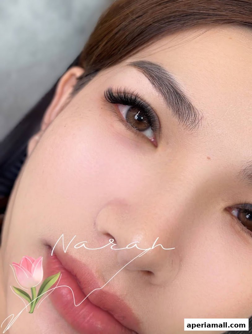 Close-up of a woman's eye with dramatic eyelash extensions and a subtle lip color.