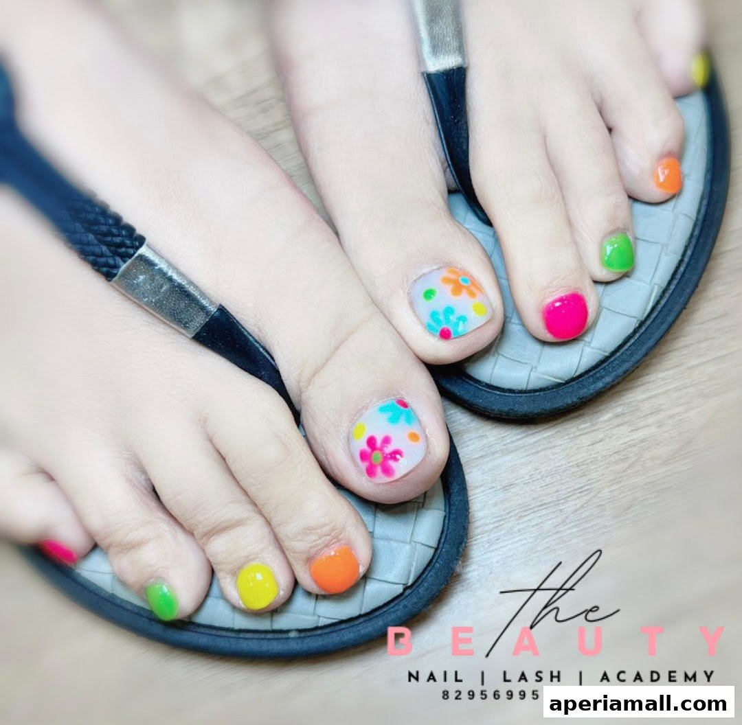 Close-up of feet with colorful floral nail art and bright polish.