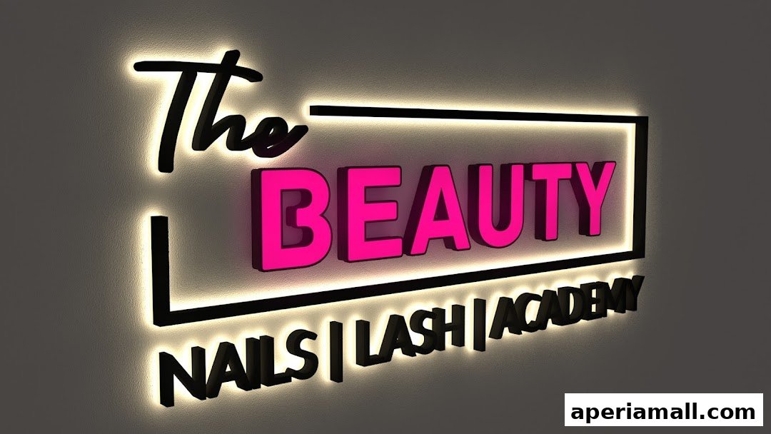 A glowing sign for 'The Beauty' shop, specializing in nails, lash, and academy services.
