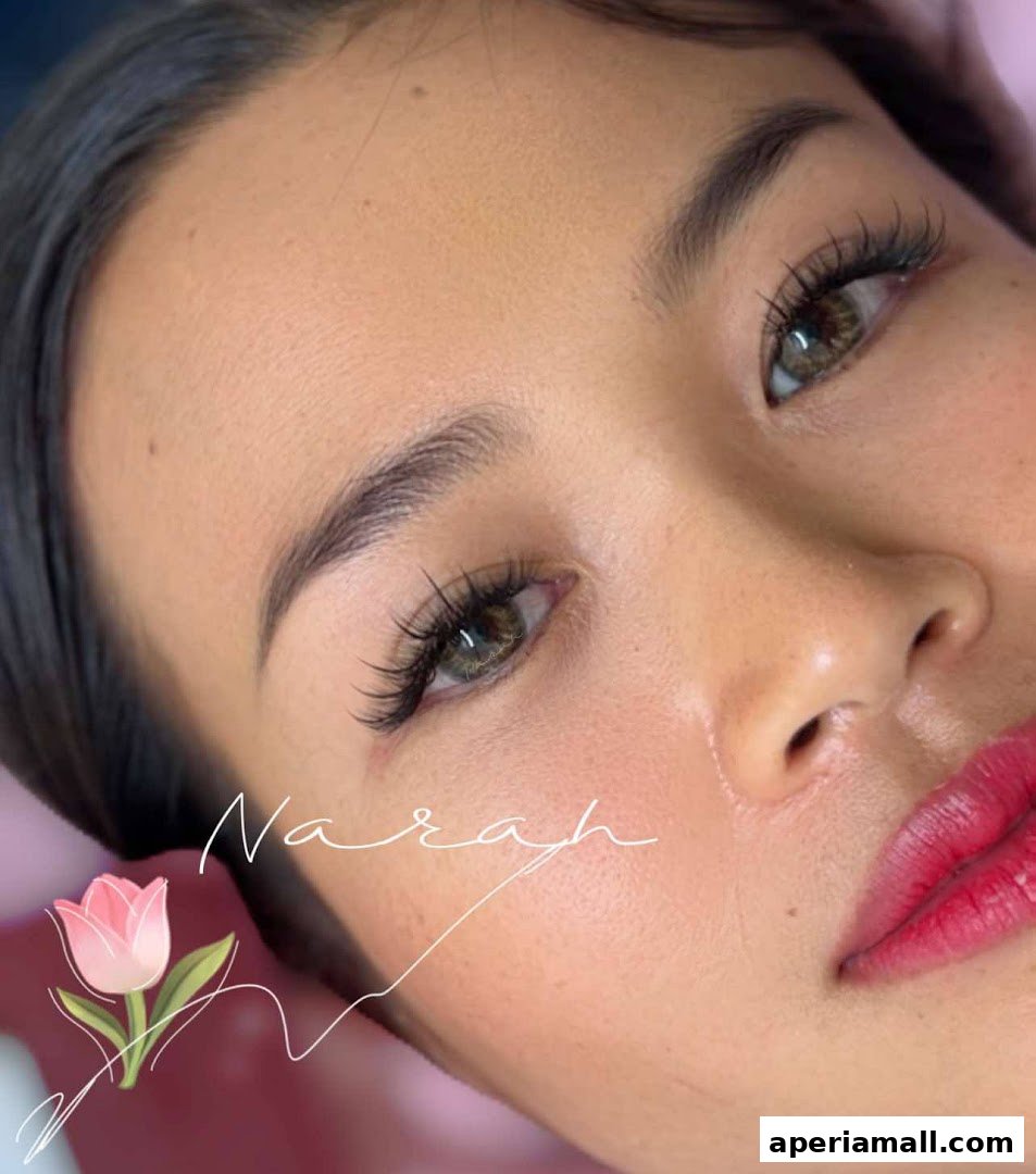 Close-up of a woman's face showcasing dramatic eyelash extensions and vibrant lipstick.