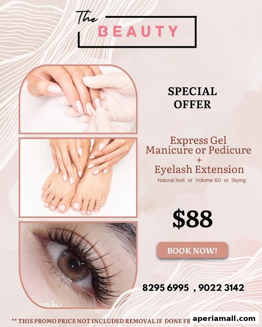 A promotional flyer for 'The Beauty' offering a special deal on manicures, pedicures, and eyelash extensions.