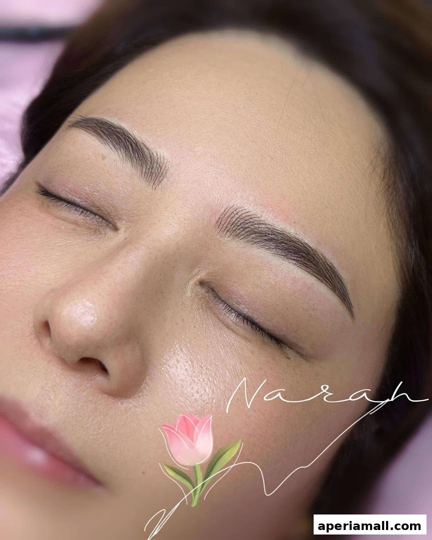 Close-up of a woman's face with perfectly shaped eyebrows and closed eyes.