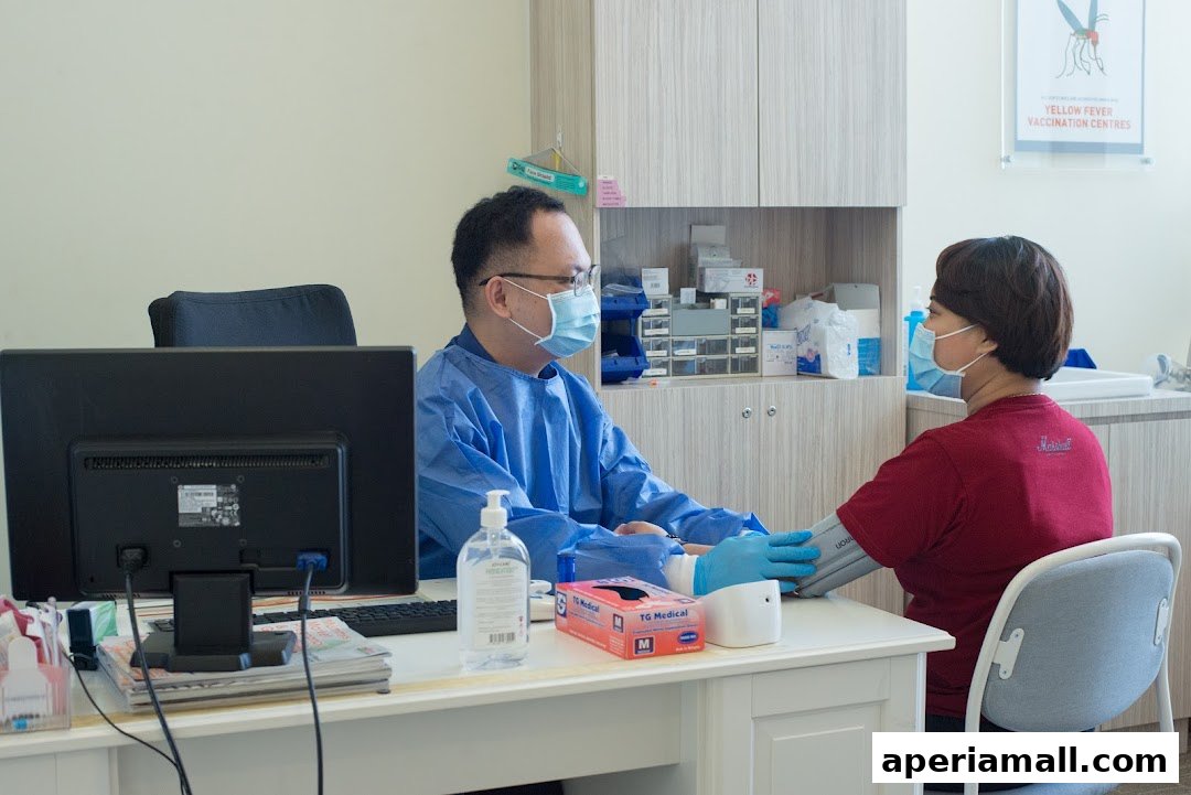 A doctor checks a patient's blood pressure in a clinic setting.