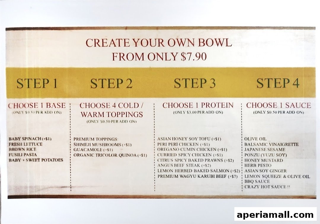 A menu detailing how to create your own bowl with choices for base, toppings, protein, and sauce.