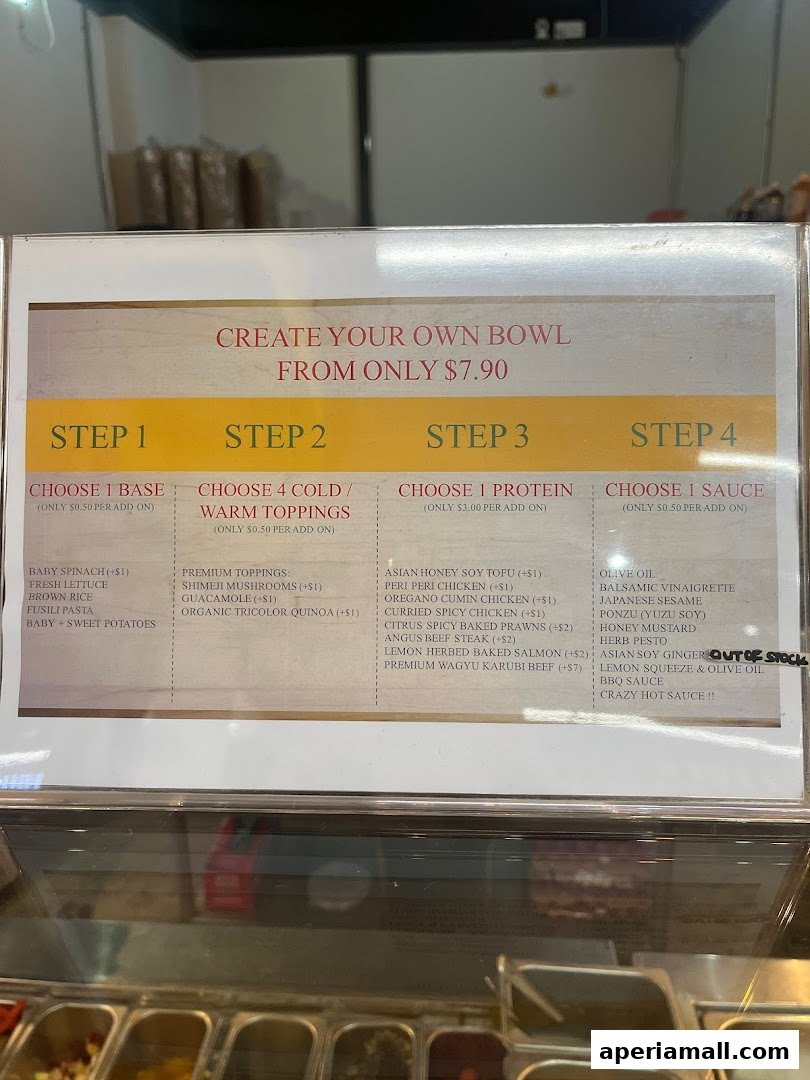A menu for creating your own bowl with choices for base, toppings, protein, and sauce.