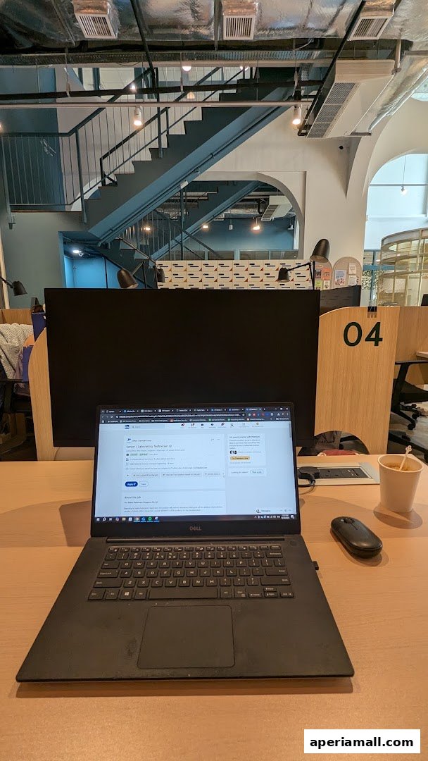 A laptop open to a job posting on a desk with a mouse and cup.