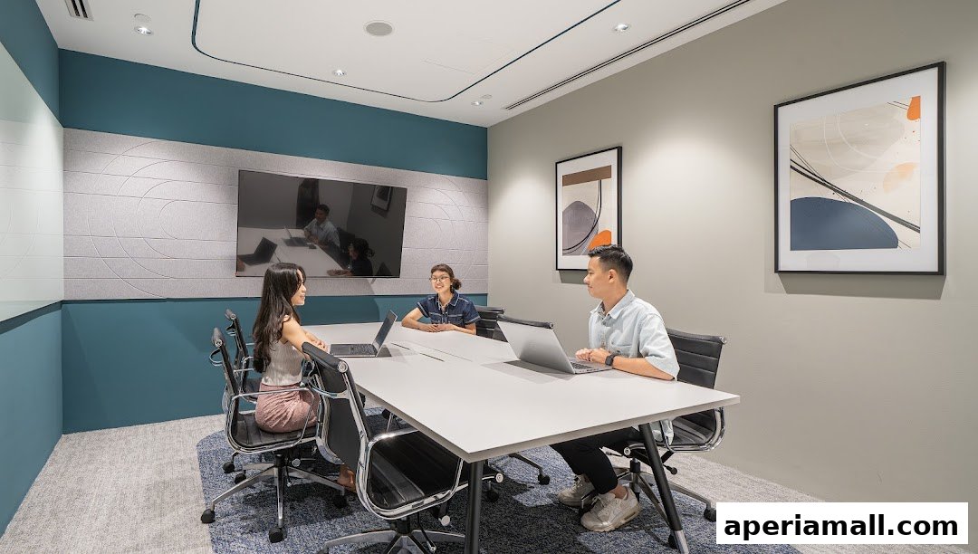 Three people in a modern meeting room with laptops and abstract art on the walls.