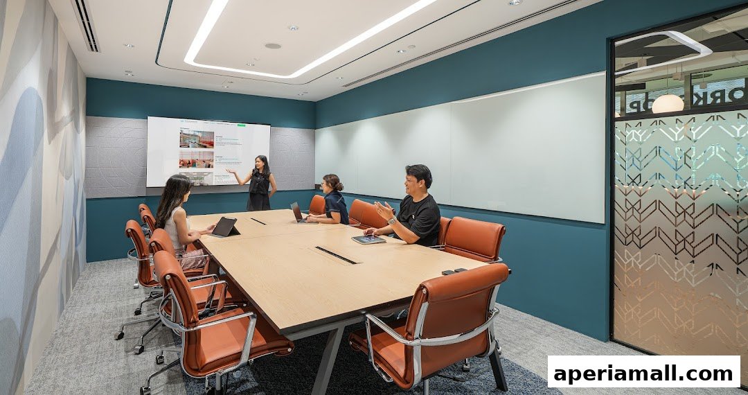 A modern conference room with a large table, chairs, and a presentation screen.