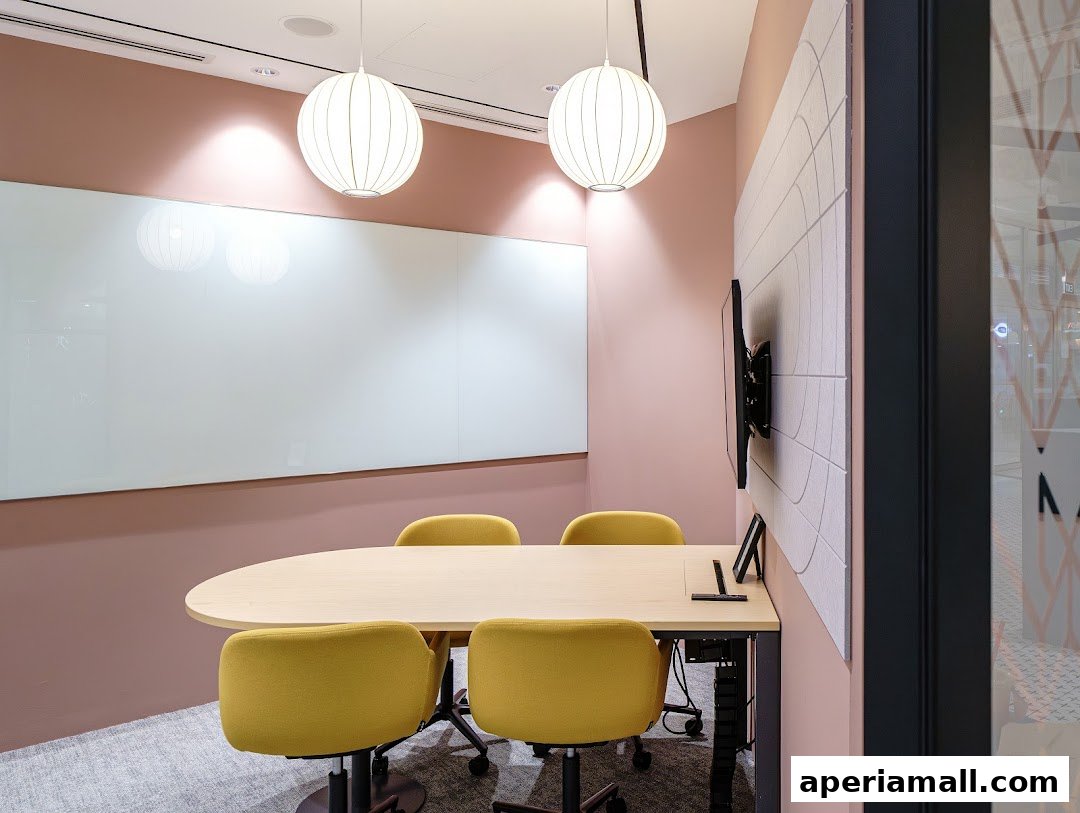 A modern meeting room with a large whiteboard, a light wood table, and yellow chairs.