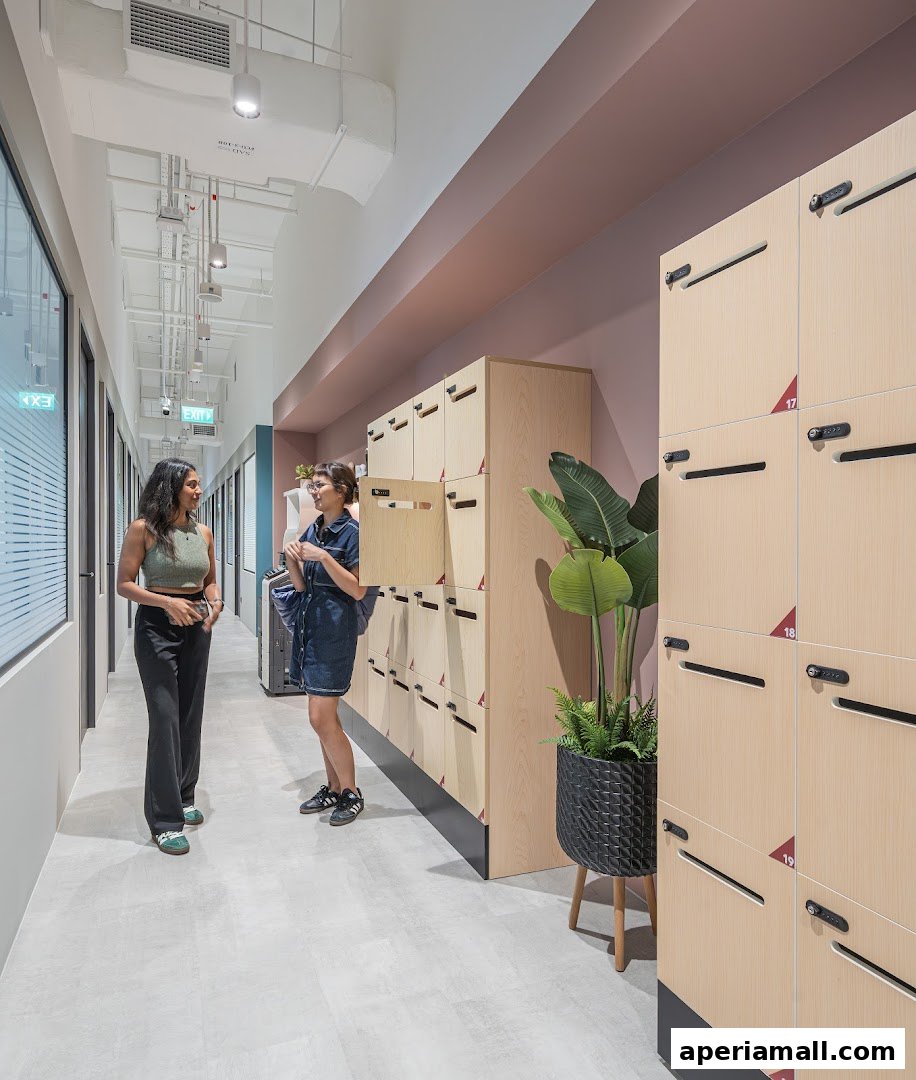 Two women are standing in a hallway with lockers and plants.