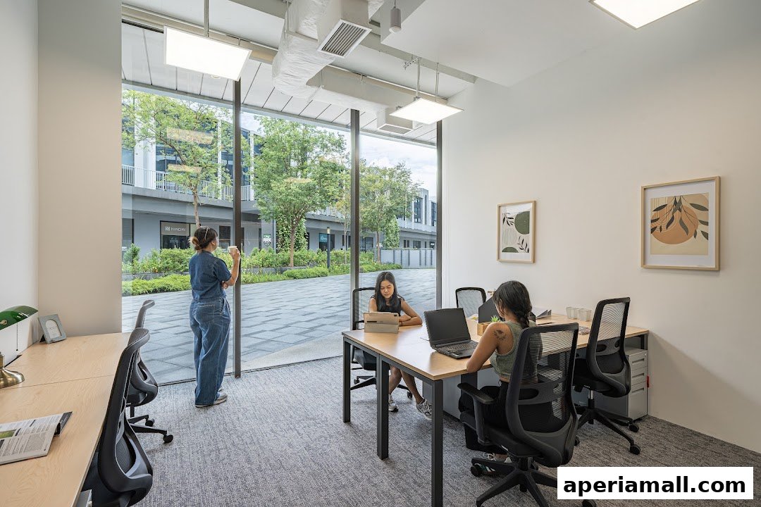 People working in a modern office space with large windows overlooking an outdoor area.