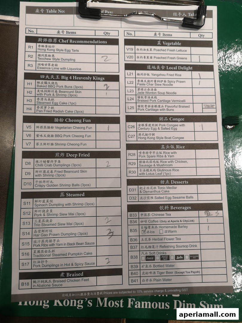 A menu from Tim Ho Wan featuring various dim sum dishes, including chef recommendations and steamed items.