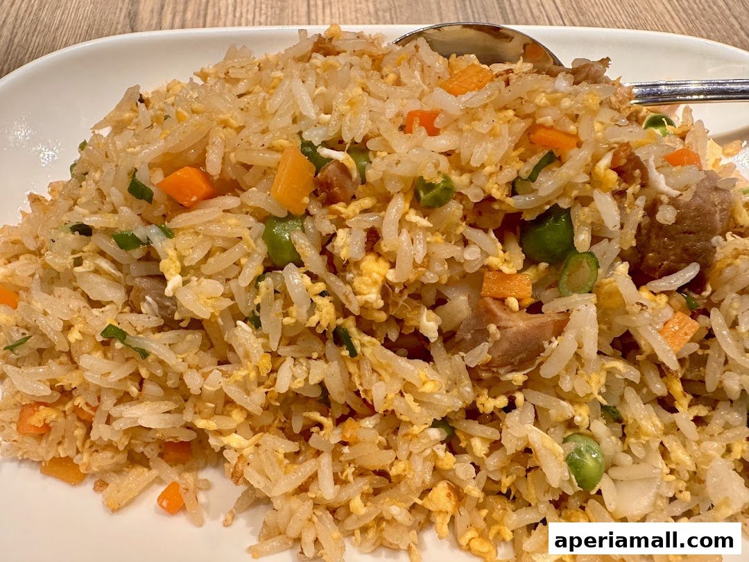 A close-up shot of a plate of fried rice with vegetables and meat.