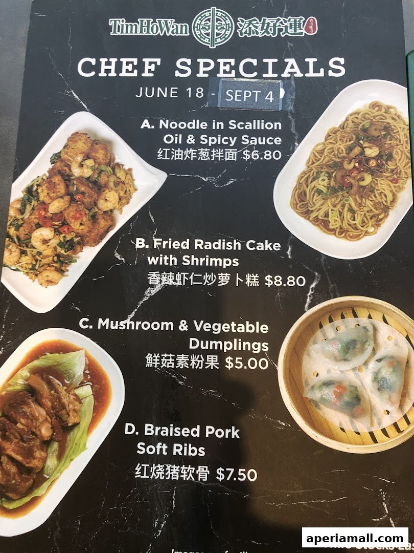A menu featuring Tim Ho Wan's Chef Specials with various Asian dishes and prices.