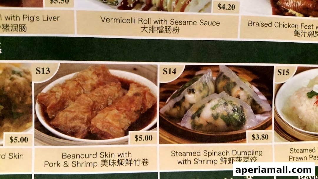 A close-up of a menu featuring various dim sum dishes with prices and images.