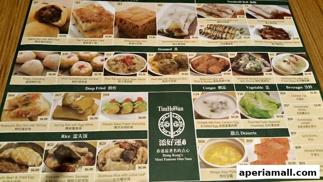 A menu from Tim Ho Wan showcasing various dim sum dishes with images and prices.