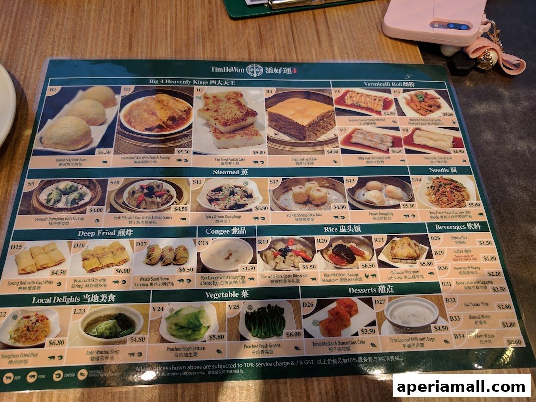 A menu from Tim Ho Wan featuring various dim sum dishes, noodles, rice, beverages, and desserts.