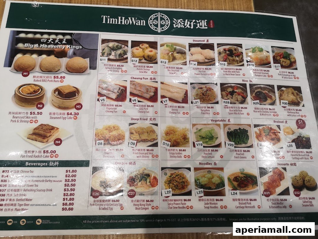 A menu from Tim Ho Wan showcasing various dim sum, rice dishes, noodles, and desserts with prices.